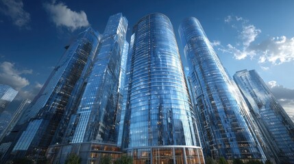 Looking up at modern glass skyscrapers with reflections in Business District, daytime shot with blue sky and clouds