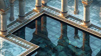 A serene courtyard pool reflecting ornate columns and intricate tilework. The still water mirrors the architecture, creating a tranquil, symmetrical scene of classical Islamic design.