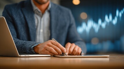 Financial businessman analyzing company growth with tablet and laptop, charting income goal setting and long term investment for goal development