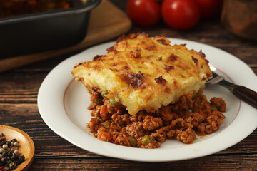 A shepherd's pie, freshly backed and ready to be served. Traditional English dish	