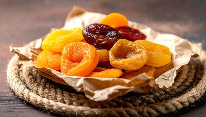 A close-up shows colorful dried fruits in a paper-lined bowl on a rustic, rope-ringed, dark brown surface