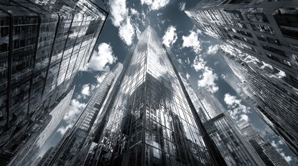 Looking up at modern glass skyscrapers with reflections in Business District, daytime shot with blue sky and clouds
