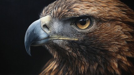 Macro image of a brown-feathered eagle looking to the right, wild animal with black background