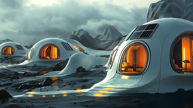 Futuristic houses on a distant planet, offering a glimpse into space colonization and advanced technology.