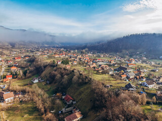 Aerial View of Moeciu de Jos Village in the Carpathian Mountains, Romania