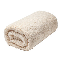 A soft beige towel rolled neatly on transparent background, showcasing its fluffy texture and cozy fabric ideal for bathroom decor, spa settings, product display, hygiene themes.