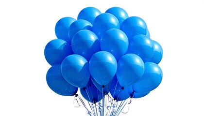 A cluster of bright blue balloons isolated on a white background, creating a festive, celebratory scene