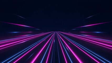 Abstract futuristic speed tunnel with glowing neon pink and blue light trails on a dark digital background