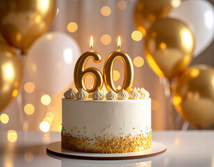 Elegant 60th birthday cake with golden number candles, white frosting, and sparkling decorations surrounded by gold and white balloons and warm bokeh lights.