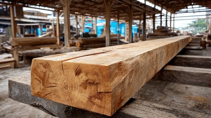 A close-up view of a large piece of timber in a woodworking yard. It shows the natural texture and grain of the wood. Ideal for construction and design projects. AI