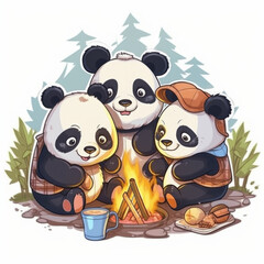 Panda sticker of father and son doing camping activities with happy expressions. Nice and cute.