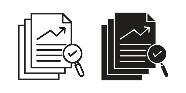 Analytics report icons in black glyph and liner versions for design.