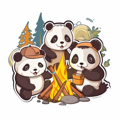 Panda sticker of father and son doing camping activities with happy expressions. Nice and cute.