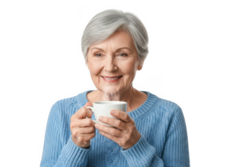 Smiling senior woman holding a white coffee cup isolated on transparent background