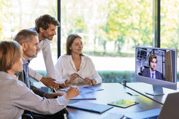 Business people meeting conference discussion corporate concept with colleague in video chart, discussing financial report of their company