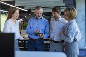 Business people, team, employees or collaboration with digital tech for planning, networking or diversity