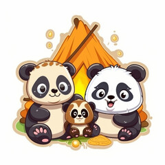 Panda sticker of father and son doing camping activities with happy expressions. Nice and cute.
