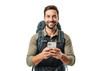 Smiling hiker with backpack holding a smartphone isolated on transparent background
