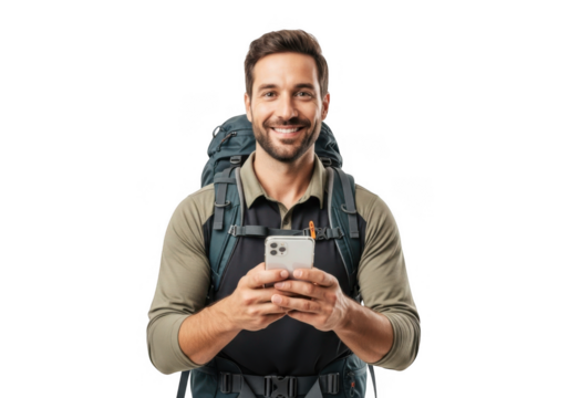 Smiling hiker with backpack holding a smartphone isolated on transparent background - Powered by Adobe