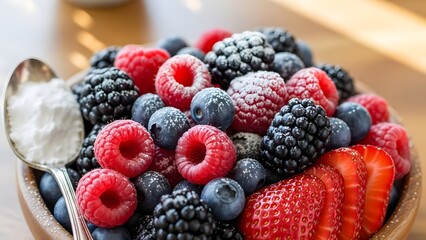 Extreme Close-up of Fresh Mixed Berries including Raspberries, Blackberries, Blueberries, and Sliced Strawberries, Lightly Dusted with Powdered Sugar