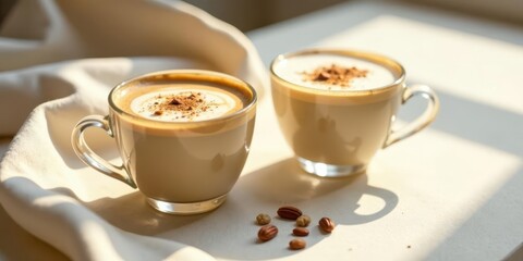 Two Cups of Creamy Coffee with Aromatic Spices and Nuts on a Soft Surface
