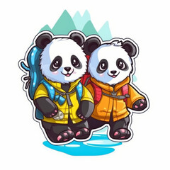 Panda sticker of father and son doing camping activities with happy expressions. Nice and cute.