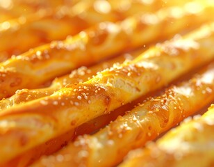 Detailed close-up of crispy golden breadsticks arranged diagonally, cinematic food photography, professional studio lighting, bright clean background