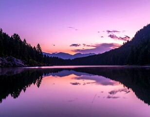 Serene purple dawn paints a calm lake, mirroring the sky and surrounding dark, dense forest