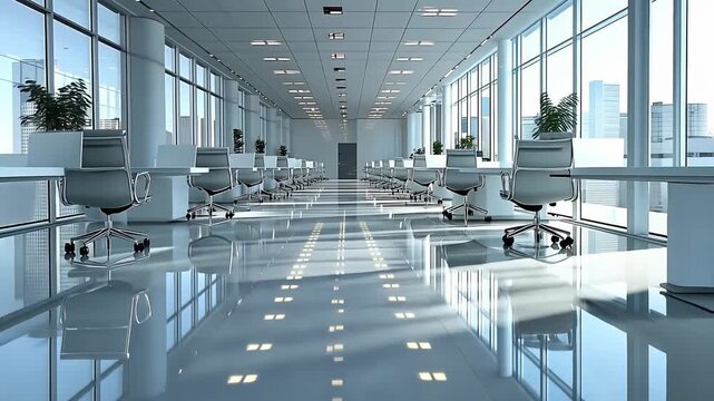 A static wide-angle shot of a modern, empty office space with white furniture and large windows.