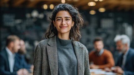 Confident Indian businesswoman leads a team meeting at a conference table in a corporate office during daytime, high quality realistic mirostock