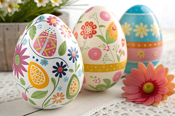 Colorful painted Easter eggs in a basket with spring flo