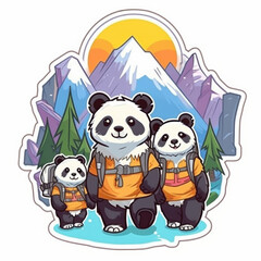 Cute panda stickers of father and son climbing in the mountains. Nice and cute