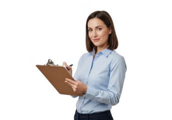 Smiling woman in a blue shirt holding a clipboard and writing isolated on transparent background
