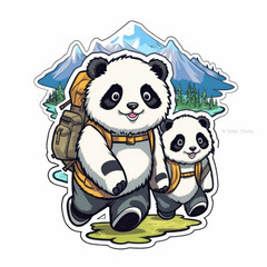 Cute panda stickers of father and son climbing in the mountains. Nice and cute