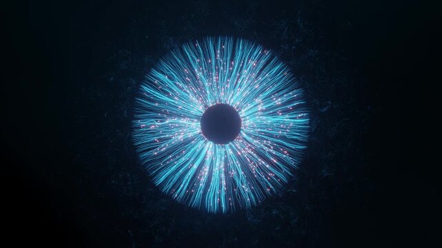 Cyber Eye: Digital Data Network and Technological Iris, an artistic and abstract animation of a glowing digital eye with glowing, fibrous strands representing data transfer and technology.
