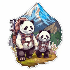 Cute panda stickers of father and son climbing in the mountains. Nice and cute