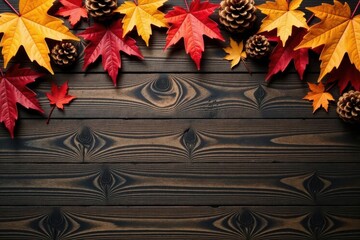 Autumnal Still Life Featuring Vibrant Maple Leaves and Pinecones on a Rustic Wooden Surface