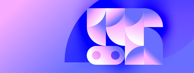 Abstract geometric composition. Soft gradients, purple hues dominate design. Shapes overlap creating dynamic visual effect. Modern aesthetic.