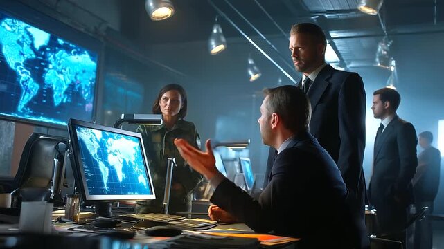 Command center with holographic map projections, officers analyzing data, moody blue light, cinematic composition, realism.