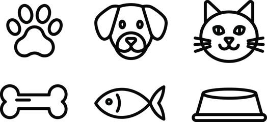 Collection of pet-related icons including a paw print, dog face, cat face, bone, fish, and food bowl