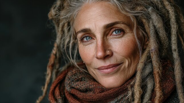 Mature african american woman with graying dreadlocks smiles gently toward the camera in a close-up portrait, showing her natural beauty - Powered by Adobe