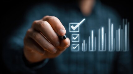 Businessman points to digital checklist, showing online document validation icon and quality assessment management concept with market data report analysis
