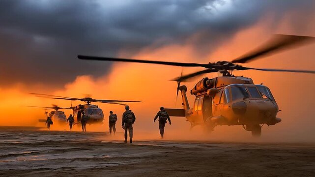 Soldiers boarding helicopters in heavy rain, rotor wash, dramatic lighting, cinematic war photojournalism.