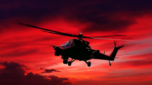 Helicopter gunship silhouetted against red sky, cinematic war painting realism.