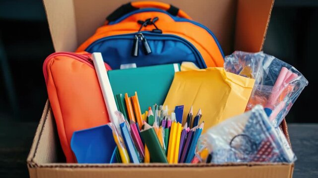 Video A box filled with school supplies on a table