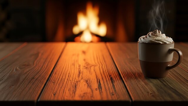 Steaming Mug of Whipped Cream Topped Beverage on Rustic Wooden Table by Cozy Fireplace Warmth