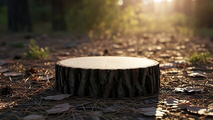 Rustic Round Wooden Tree Stump in Forest Ground at Golden Hour with Soft Backlight