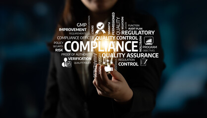 Businesswoman presents a compliance icon symbolizing quality control, risk management, and regulatory assurance against a blurred background, emphasizing governance and improvement practices. Tessel
