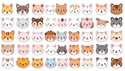 A collection of 49 cute, round animal faces in pastel colors with unique fur markings and sweet expressions