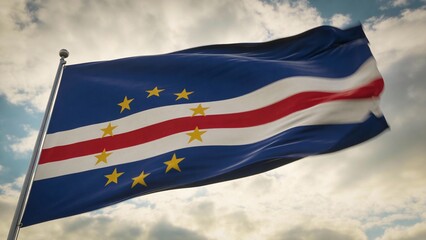 Cape Verde's national flag flutters in the wind, displaying vibrant colors and stars, perfect for travel-themed projects or cultural presentations.